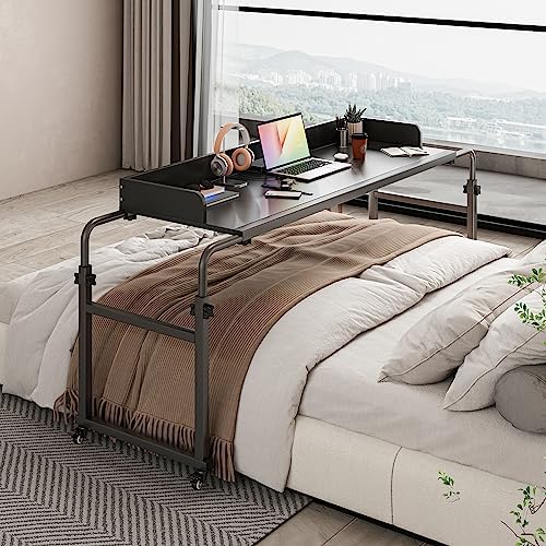 Overbed Table with 360° Wheels, Queen Size Mobile Bed Desk, Recliner Table Over Bed Table Adjustable Height and Length Overbed Table with Heavy Duty Metal Leg for Hospital and Home use