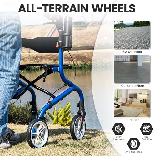 Super Lightweight Rollator Walker for Seniors, Foldable Rolling Walker with Seat and 8" Rubber Wheels for All Terrain, Upgraded Height Adjustment Button with Cup Holder, Blue