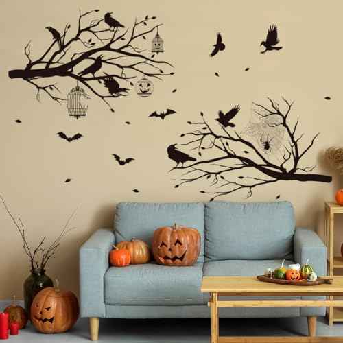 Halloween Wall Decals Black Tree Branch Wall Stickers Gothic Crow Stickers Mural Halloween Party Decorations Peel and Stick Wall Art for Bedroom Living Room