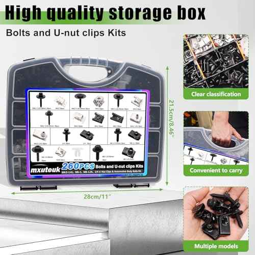 mxuteuk 260PCS U-Nut Clips & Automotive Body Fender Bolts Kit,for Most Cars Fender,Engine Undertray Cover, Engine Cover & Bumper Fender Liner