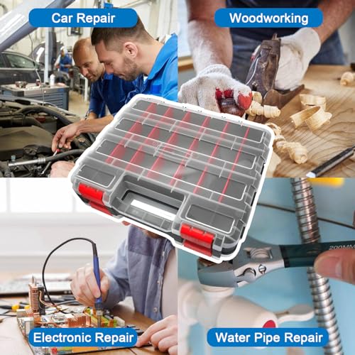 Double Side Tool Box Organizer, Hardware Storage Box, Portable Small Parts Organizer with Removable Plastic Dividers for Screws, Nuts, Nails, Bolts (Red)