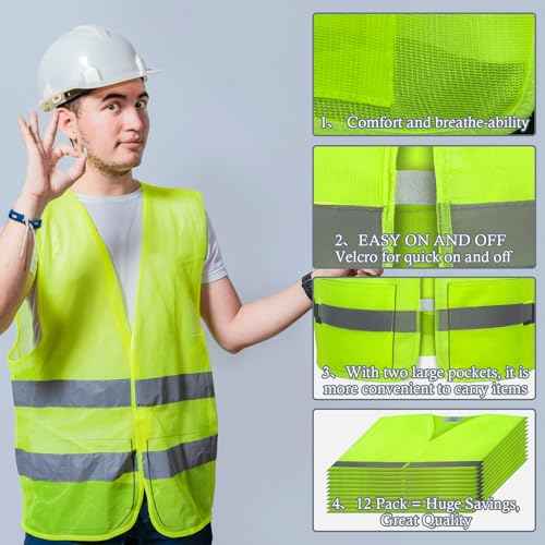 12 Pack Safety Vests with Pockets- Reflective High Visibility,Hi Vis Mesh Vest for Men/Women,Work,Construction,Walking