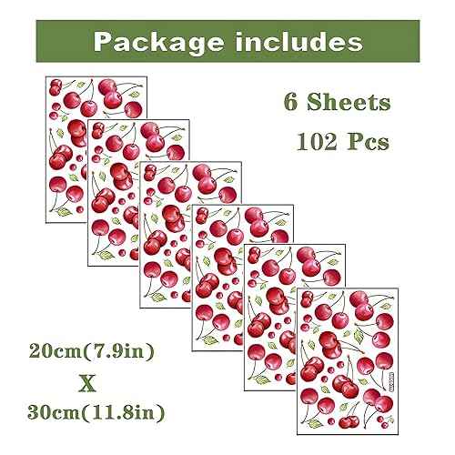 6 Sheets 102 Pcs Cherries Wall Stickers, sacinora DIY Cherry Fruit Art Wall Decals Removable Vinyl Peel and Stick for Nursery Living Room Bedroom Children's Room Playroom Furniture Closet Decorations
