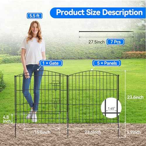INJOPEXI Decorative Garden Fence 6 Panels 11.8ft (L)¡¿24in (H) with 5 Panels 1 Gate Rustproof Wire No Dig Animal Barrier Fencing for Outdoor Backyard Black