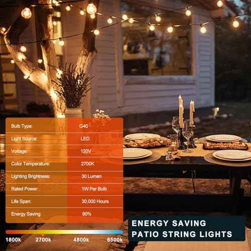 Kawaya Outdoor String Lights 100 FT LED Patio Light with 50+2 Shatterproof Edison Globe Bulbs - IP65 Waterproof Dimmable Hanging Lights - 2700K Warm White Lighting for Outside Porch Deck Bistro Cafe