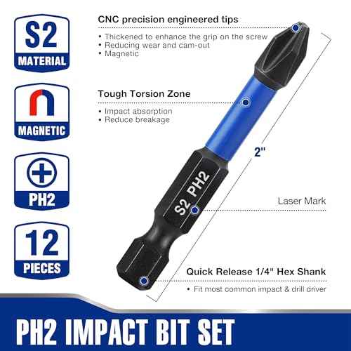 WORKPRO 12pcs PH2 Impact Phillips Screwdriver Bit Set, CNC Machined S2 Steel Tips with Magnetism, 1/4" Hex-Shank Driver Bits, 2" Long Impact Screwdriving Bits with Storage Box