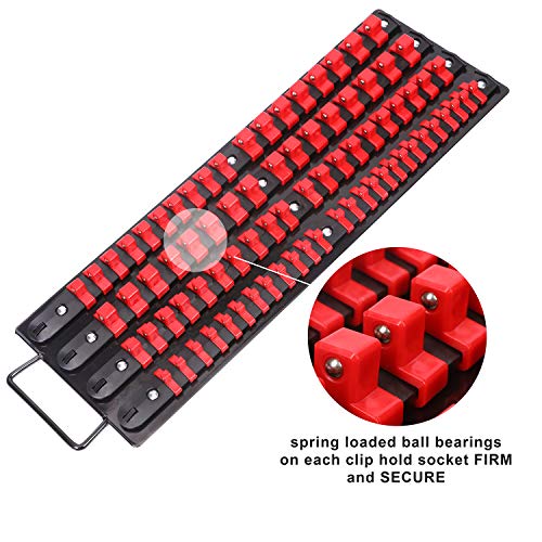 CASOMAN 80-Piece Portable Socket Organizer Tray, 2 Pcs Set, Blue & Red, 1/4-Inch, 3/8-Inch, 1/2-Inch,Heavy Duty Socket Organizer, Black Rails, Blue & Red Clips