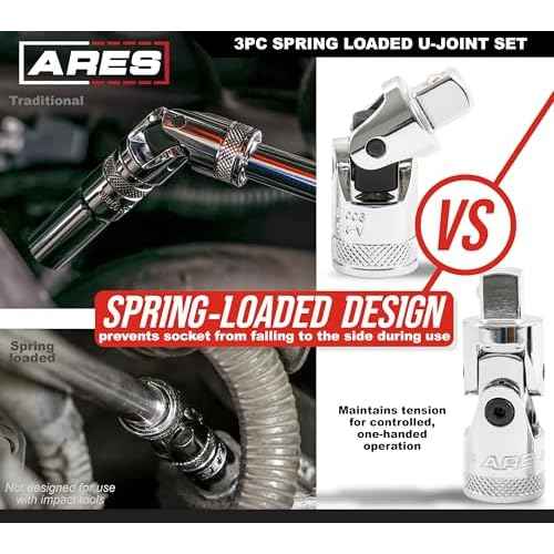 ARES 37000-3-Piece Spring Loaded Universal Joint Set ? Spring Loaded Tension Keeps U-Joint In Position at Odd Angles - 1/4-Inch, 3/8-Inch, and 1/2-Inch Drive