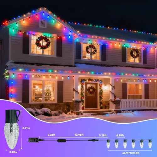 Smart C9 RGB Christmas Lights Outdoor, 66 FT 100 LED Christmas Tree Lights with Music Sync APP Controlled, Waterproof Connectable C9 String Lights for Roofline, Fencing, Balcony & Yard Decor