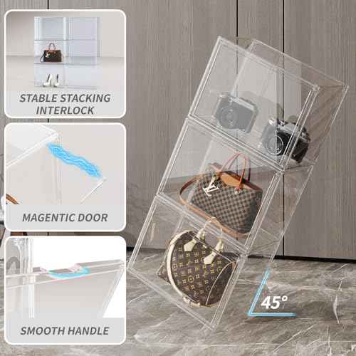 Purse Organizer for Closet,3 Packs Clear Acrylic Display Case for Handbag Organizer,Purse Storage Box with Magnetic Door, Stackable Plastic Storage Bins for Handbag,Collectibles, Cosmetic