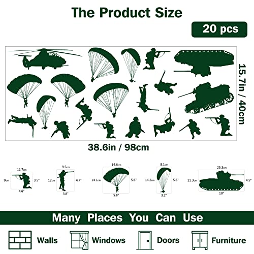 PLIGREAT 20 Pcs Parachutes Tanks Soldiers Wall Stickers, Peel and Stick Wall Decals, DIY Art Decor Removable Vinyl Military Green Walls Stickers for Living Room Bedroom Paly Room Home Decorations