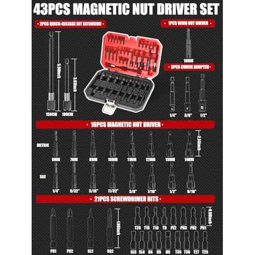 43Pcs Magnetic Nut Driver Set, Impact Driver Bit Set 1/4" Hex Shank, SAE & Metric Nut Driver Set for Impact Drill, Screwdriver Bit Set, Socket Adapter, Wing NutDriver, with Sturdy Tool Box