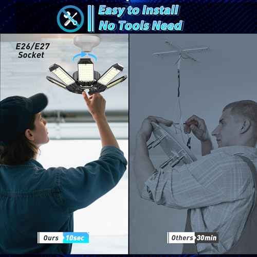 ISKYDRAW LED Garage Lights, 4 Pack Garage Lighting 260W 26000LM Bright Shop Ceiling Lights Screw Into E26 E27 Bulb Socket, Deformable 8+1 Panels 6500K Basement Bay Lighting for Workshop Barn Porch