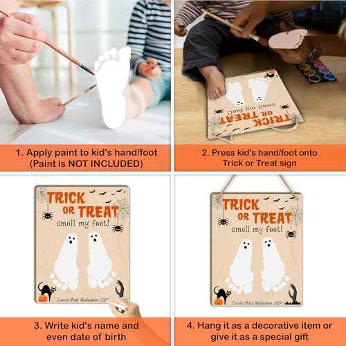 Baby's First Halloween Footprint DIY Wooden Hanging Sign, Baby's 1st Halloween Art Craft Gifts, My First Holiday Milestone Signs, Trick or Treat Smell My Feet Halloween Decor Sign (Nature)