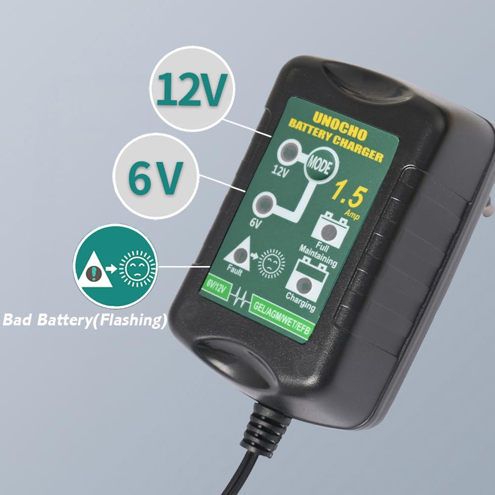 6V 12V Battery Charger 1.5A Automatic Battery maintainer trickle Battery Charger Smart Float Charger for auto car Motorcycle Lawn Mower Boat Motorcycle Snowmobile