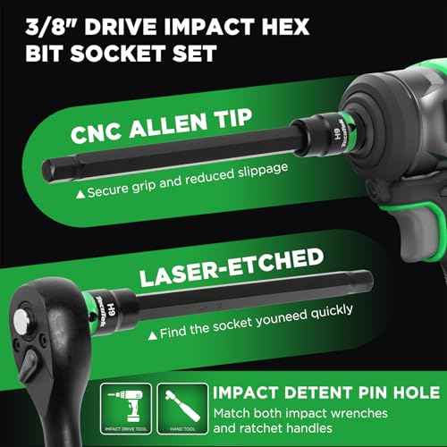 3/8" Drive Long Impact Hex Bit Socket Set, Allen Bit Sockets, 20PCS Allen Wrench Socket, SAE (1/8"-7/16¡±) and Metric (3MM-12MM), 6" Long CR-V & S2 Alloy Steel Hex Key Set