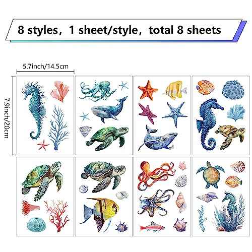 CRASPIRE 8 Sheets Sea Life Window Decals Stickers Ocean 3D Turtle Seahorse Starfish Coral Shell Summer Wall Clings Sticker PVC Self-Adhesive Peel and Stick for Bathroom Home Nursery Bedroom Bathroom