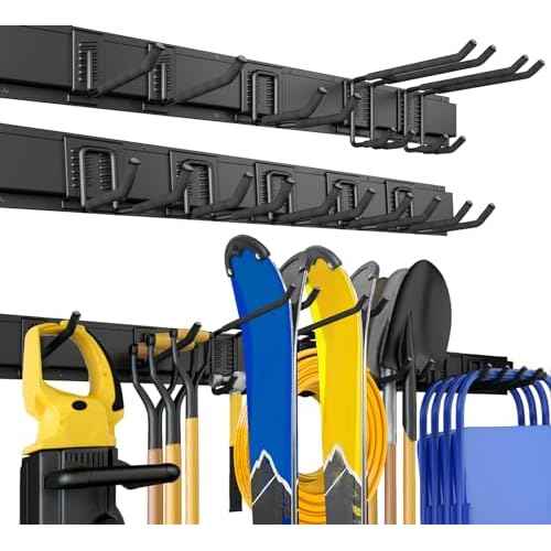 64 Inches Garage Storage, Garage Organization, Wall Mount Garden Tool Organizer, Max 620lbs Adjustable Metal Hooks, Yard Shed Rack, Tool Holder for Hanging Rake Broom Mop Snowboard, Home Gift