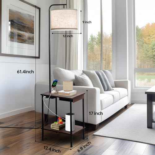 Floor Lamp with Table & Drawers, End Table Lamp with USB Charging Portt Power Outlet and Shelves, Side Table Reading Light with 3 Color Temperature Led Bulb Included for Living Room, Walnut