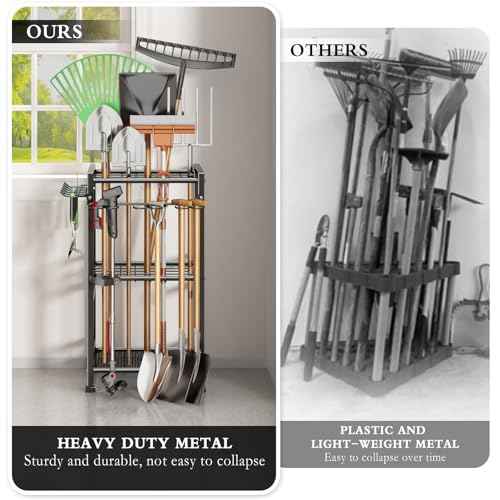 Garden Tool Organizer Storage Metal Yard Tool Organizer Heavy Duty Garden Tool Rack Stand with Extra Hooks, Up To 35 Long Handled Shovels/Rakes/Brooms Holder for Garage,Shed,Outdoor(Black)