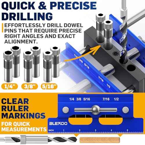 Upgraded 6.7 inch Self Centering Doweling Jig Kit (Blue), Drill Jig For Straight Holes Biscuit Joiner Set With 6 Drill Guide Bushings, Adjustable Width Drilling Guide Power Tool Accessory Jigs