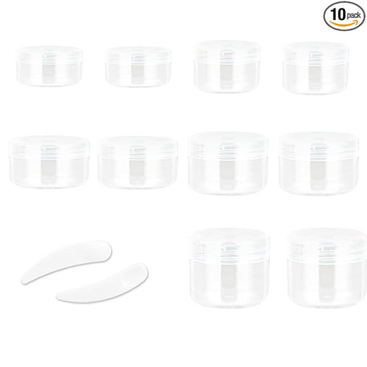 10pcs Small Travel Containers, Clear Sample Containers with Screw Lids, 5 Size 3/5/10/15/20 Gram Sample Jars with 12pcs Labels and 2pcs Mini Disposable Spatula, Makeup Sample Containers BPA Free