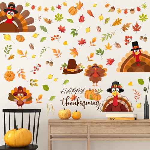 ReliThick 6 Sheets Thanksgiving Wall Decals Turkey Pumpkin Maple Leaves Stickers Thanksgiving Peel and Stick Fall Decor for Home Bedroom Bathroom Wall Door Window Decor
