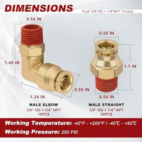 3/8¡± Quick Push to Connect Fittings Brass Male Straight and Elbow Combination DOT Approved 3/8" Tube OD x 1/4" NPT Thread Air Brake Line Adapter Air Suspension Kit Air Hose Repair Kit 30pcs