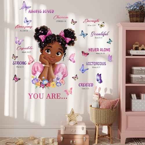 Black Girls Inspirational Wall Decals 44x35in - Pink Purple, Floral Butterfly Scripture Quotes, Peel and Stick Removable for Bedroom Nursery
