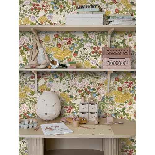 Floral Wallpaper Peel and Stick Boho Wall Paper Removable Waterproof Green/Yellow/Red Contact Paper for Bedroom, Bathroom, Home Wall 17.3" x 78.7"