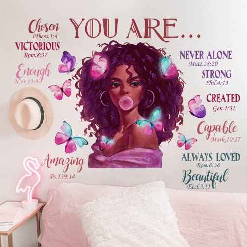 Mfault Black Girl Magic You are Beautiful Wall Decals Stickers, African American Nursery Decor Positive Saying Religious Bedroom Art, Inspirational Afro Butterfly Kids Teens Room Home Decorations