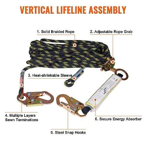 VEVOR Vertical Lifeline Assembly, 0.55'' x 25' Fall Protection Rope with 30 KN Breaking Tension, Polyester Roofing Rope with Steel Snap Hooks, Rope Grab, and Shock Absorber, ANSI Compliant