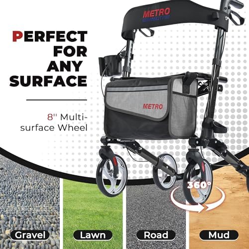 Metro Mobility Rollator Walker with Seat for Seniors, Foldable Lightweight Rolling Walker, 8" Big Wheels for All Terrain, 300 lb. Weight Capacity, Black