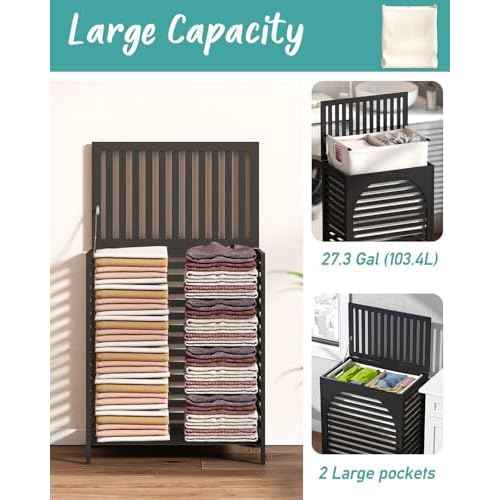 Black Laundry Hamper, Laundry Hamper with Lid, 27.3 Gallon (103L) Bamboo Wood Clothes Laundry Basket with Lid and Handles, Removable Liner