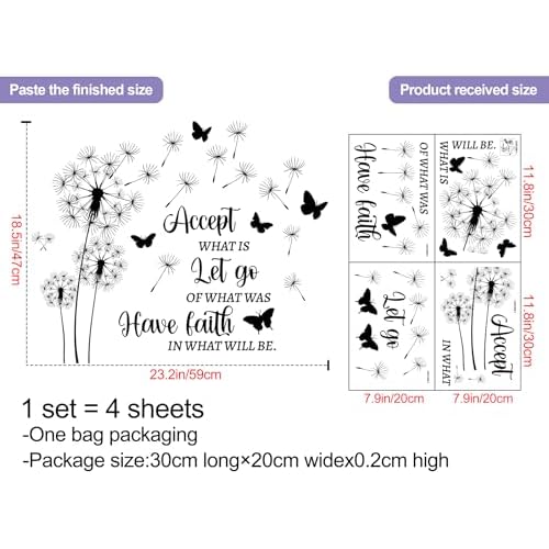Dandelion Wall Decals Flowers Wall Stickers Inspirational Quotes Wall Art Decals Peel and Stick Removable DIY Flying Butterfly Motivational Sayings Wall Murals for Kids Bedroom Classroom Decor