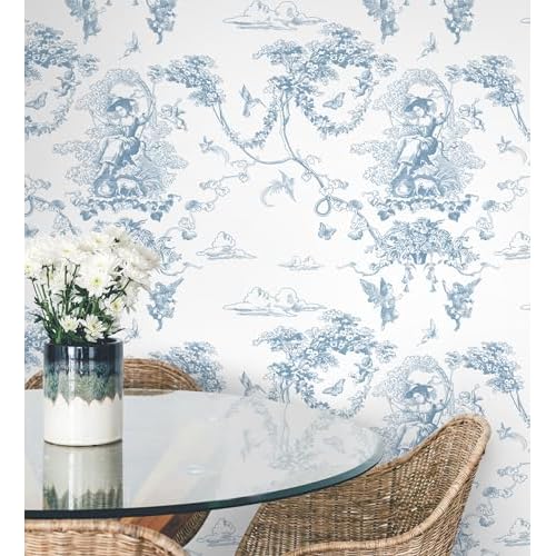 CiCiwind Peel and Stick Wallpaper Blue and White Toile Wallpaper Vintage Removable Waterproof Wall Paper for Bathroom Bedroom Living Room French Contact Paper for Cabinets Vinyl Rolls 17.3"¡¿78.7"