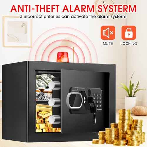 1.2 Cub Small Safes for Home, Anti-Theft Steel Security Home Safe Box with Combination Lock, Alarm System and Removable Shelf, Personal Document Safe for Money Medicine Valuables