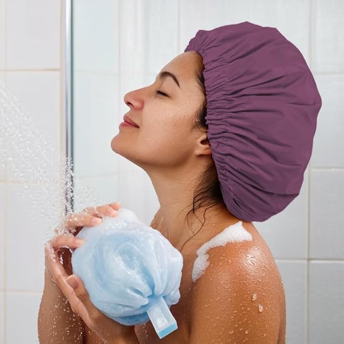 Reusable Shower Cap for Women, Large Waterproof Shower Bonnet with Elastic Band, Washable Bath Hair Cap for Long, Curly Hair, Braids, Daily Shower, Home Spa, Travel(Leather Purple)