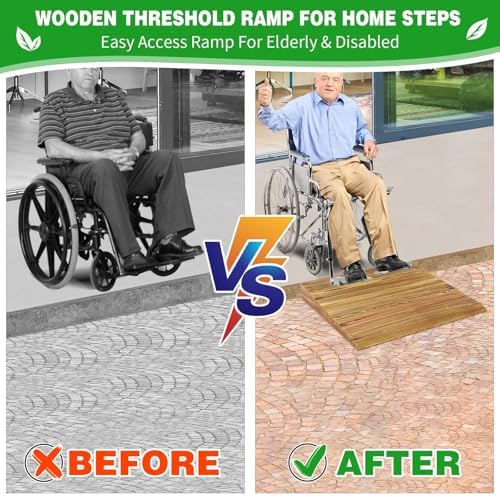 Wooden Threshold Ramp for Home Steps, 8" Rise Doorway Ramp with Non-Slip Grooves, Door Ramp for Wheelchair/Walker/Cart/Scooter, (31.4 W*8.0" H, Solid Pine Wood, 600LBS Capacity)