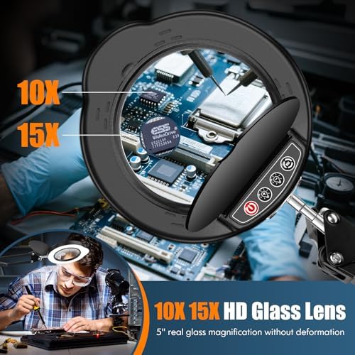 15X 10X Magnifying Glass with Light and Clamp, 5-inch Lighted Magnifier with Dust Cover, 84 LED 5 Color Modes Stepless Dimmable Hands-Free Magnifying Glass Desk Lamp for Reading Craft Hobby Close Work