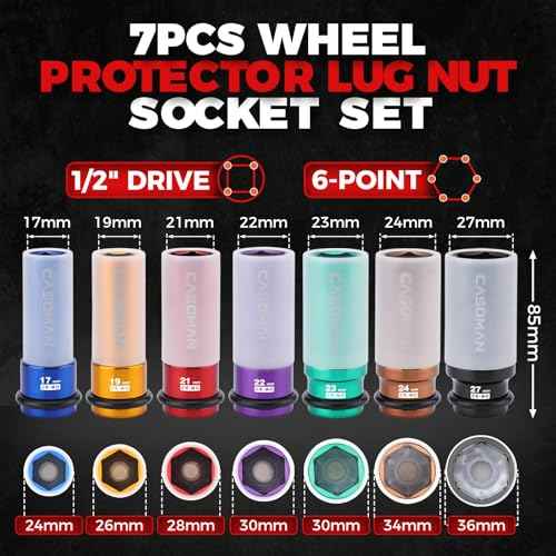 CASOMAN 7PCS 1/2" Drive Deep Lug Nut Impact Socket Set, Non-marring & Thin Wall Wheel Protector, Color-Coded, 85mm Length, 6 Point, Metric, CR-MO