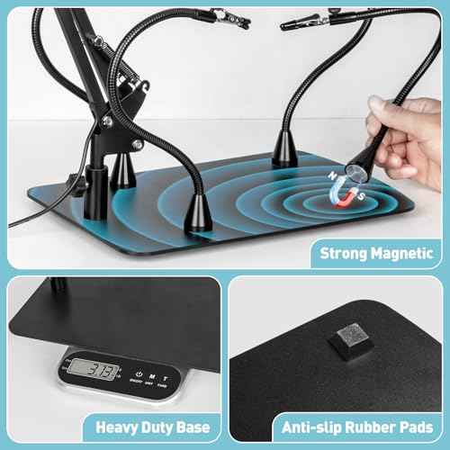 Helping Hands Soldering Station, 10X Magnifying Glass with Light and Stand, Infinite Color Stepless Dimming, 12 * 8 Inches Non-Slip Metal Base Magnifier Lamp for Welding Repair Hobby Craft
