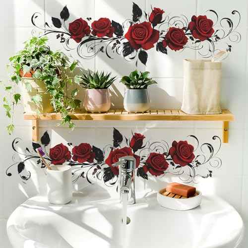 Valentines Wall Decals Valentines Wall Stickers Removable Red Rose Designs Wall Decorations Romantic Stickers for Living Room Bedroom Bathroom Anniversary Party Home Decor 2 Sheets