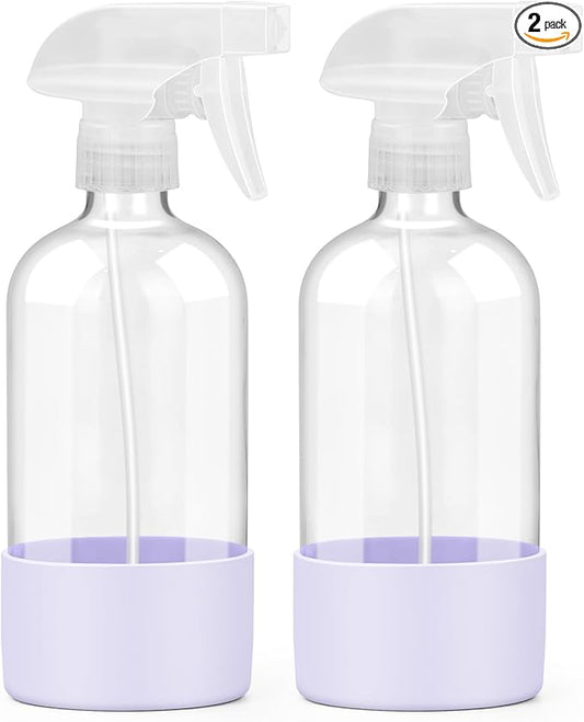 Worldgsb 2 Pack Glass Spray Bottles with Silicone Sleeve, 16 oz Empty Refillable Containers with Adjustable Spray Nozzles, Spray Bottles for Hair, Cleaning Solutions and Plants Purple