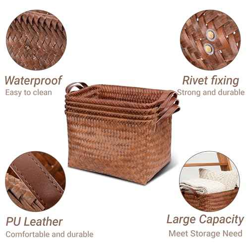 15L Laundry Baskets Waterproof Storage Baskets For Shelves Large Laundry Hamper With Leather Handle -set of 4 Cube Organizers Woven Bins for Bathroom,Bedroom,Pantry,Clothes,Car & Towels-Brown