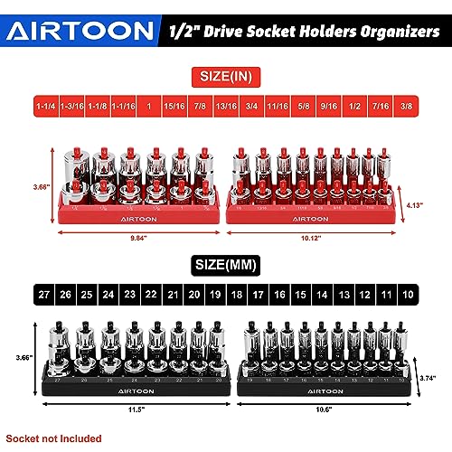 AIRTOON 8-Piece Socket Organizer Trays, SAE and Metric Socket Tray Set, 1/4", 3/8", and 1/2" Drive Deep and Standard Socket Holders Organizers for Toolbox, Black & Red
