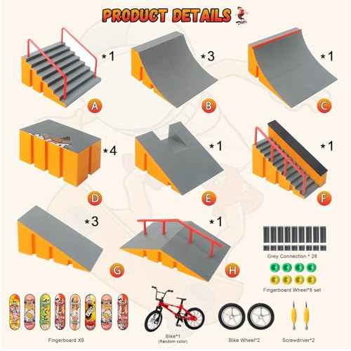 CS COSDDI Finger Skateboard Park Kits,Skateboard Finger Toys with 8 Finger Skateboards & 14 Skatepark Deck Ramp,1 Finger Bike for Unisex Gift,Mini Finger Skateboards Ramp Accessories Set £¨Yellow£©