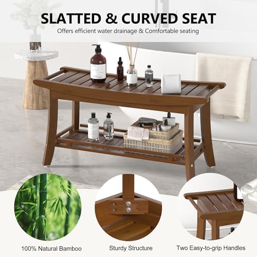 Bamboo Shower Bench Chair Bathroom Shower Stool Seat for Inside Shower Bathtub with Storage Shelf Shower Foot Rest for Shaving Legs 39 x 13 x 19.2 Inches Chestnut Brown