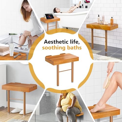 20 Inchs Teak Folding Shower Seat Wall Mounted, Fold Down Shower Seat for Inside Shower, Home Care Folding Teak Shower Seat, Folding Shower Seat with 450 Lb. Weight Capacity (with Support)