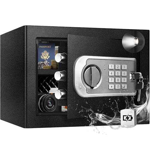 Small Safe Box for Home - 1.0 CuFt Mountable Cabinet with Motion Light & Dual Alarm, Digital Keypad & Override Key, Removable Shelf - Compact Black Safe for Cash, Jewelry, and Documents